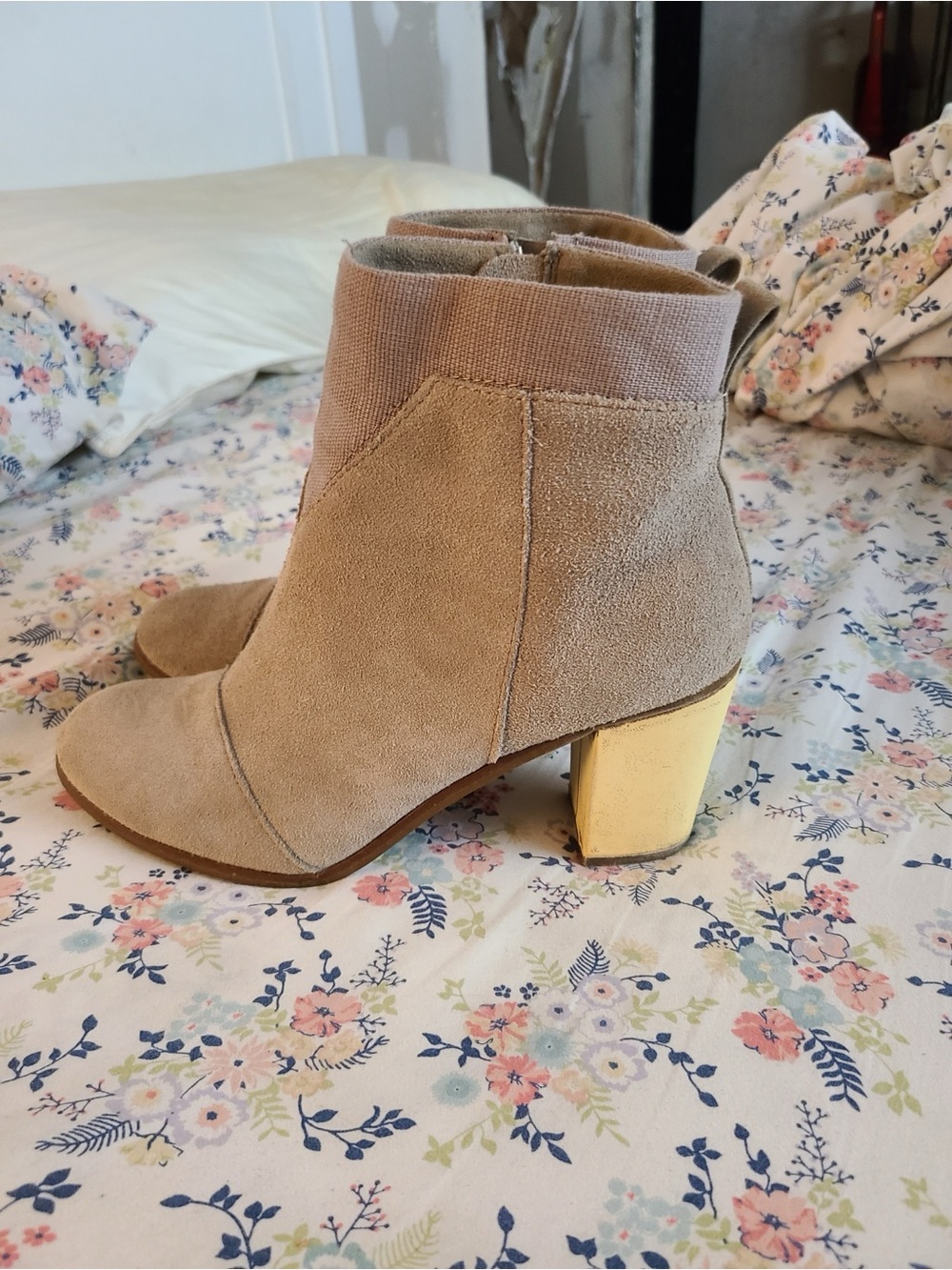 Toms Taupe Suede Ankle Booties with Gold Block Heel